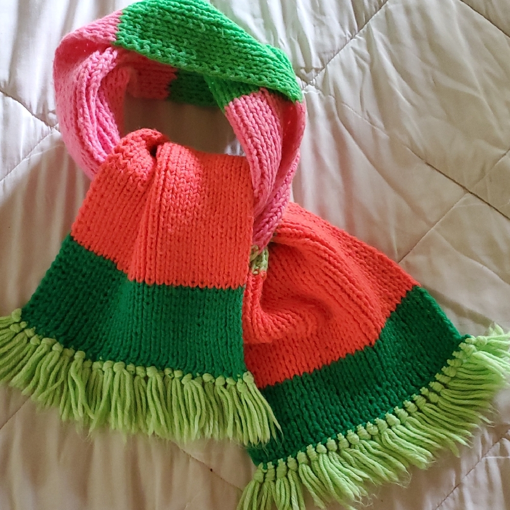 Vibrant Pink, Red and Green Knit Scarf
